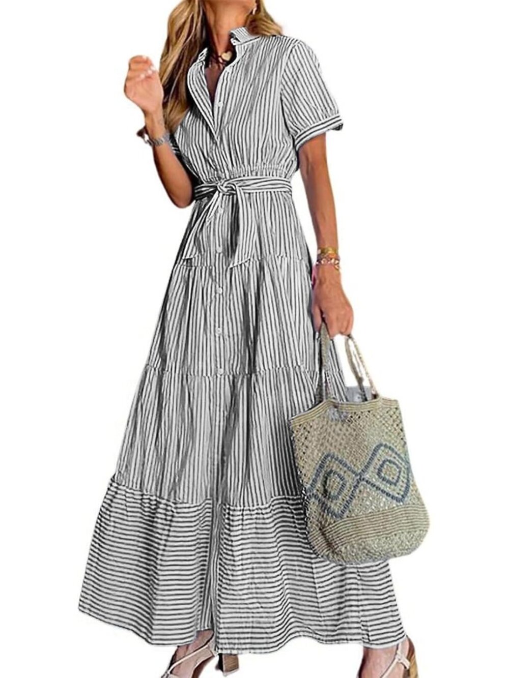 Womens Casual Short Sleeve Button Down Tie Waist Ruffled Striped Maxi Shirt Dres